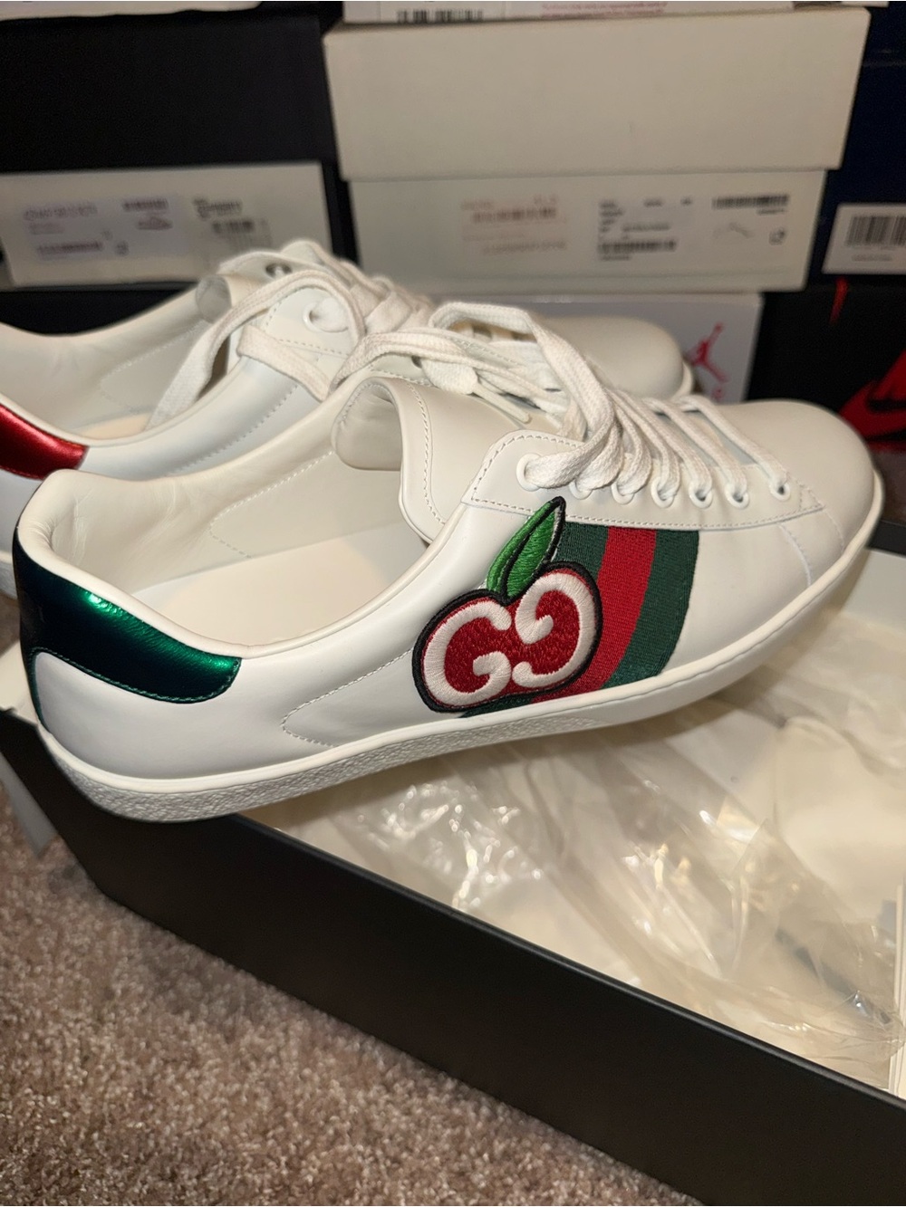 Gucci White Leather Ace Sneaker with Red & Green Web and Cherry Embroidery